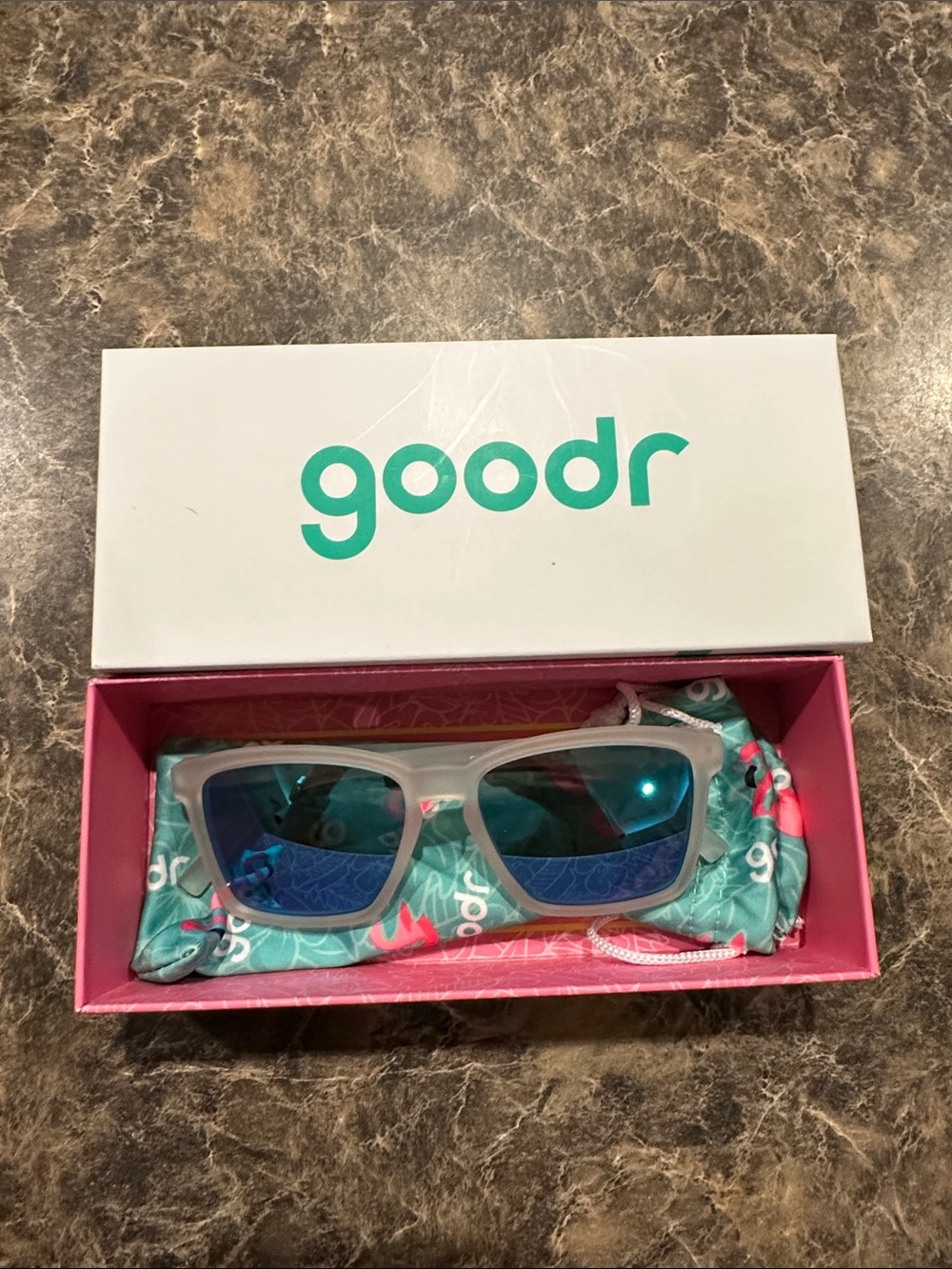 Goodr Women's Frosted White Frame Sunglasses with Blue Lenses
